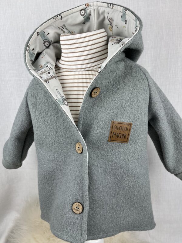 WollWALK «WALK-Jacke - Altmint mit Bauernhof Traktor» Grösse 92