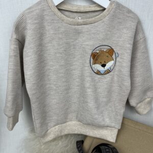 Kleider «Sweater - Waffelstrick Jersey Beige meliert - gestickter Fuchs mit Halstuch» Grösse 92