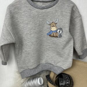 Kleider «Sweater - Waffelstrick Jersey Hellgrau meliert - gestickter Elch und Pinguin» Grösse 92