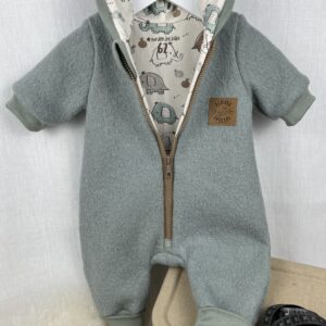 WollWALK «WALK-Overall mit Reissverschluss kurz - Altmint mit Mammutbande» Grösse 62